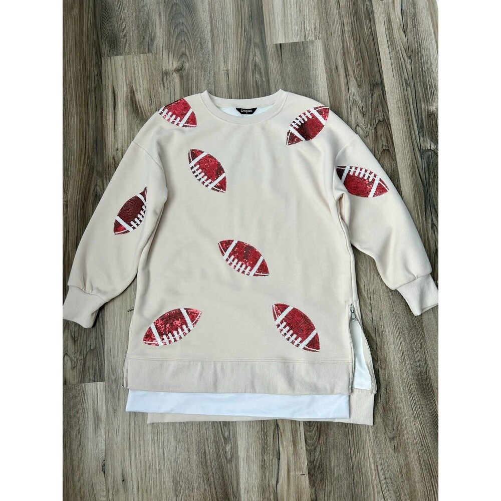 Sequin Football Oversized Sweatshirt Cream Game Day Tailgate Side Zip Tunic S